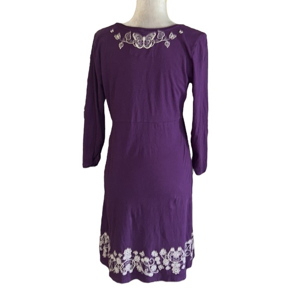 Johnny Was Purple Embroidered Floral Butterfly Long Ruched Sleeve Knit Dress - M - Picture 5 of 10